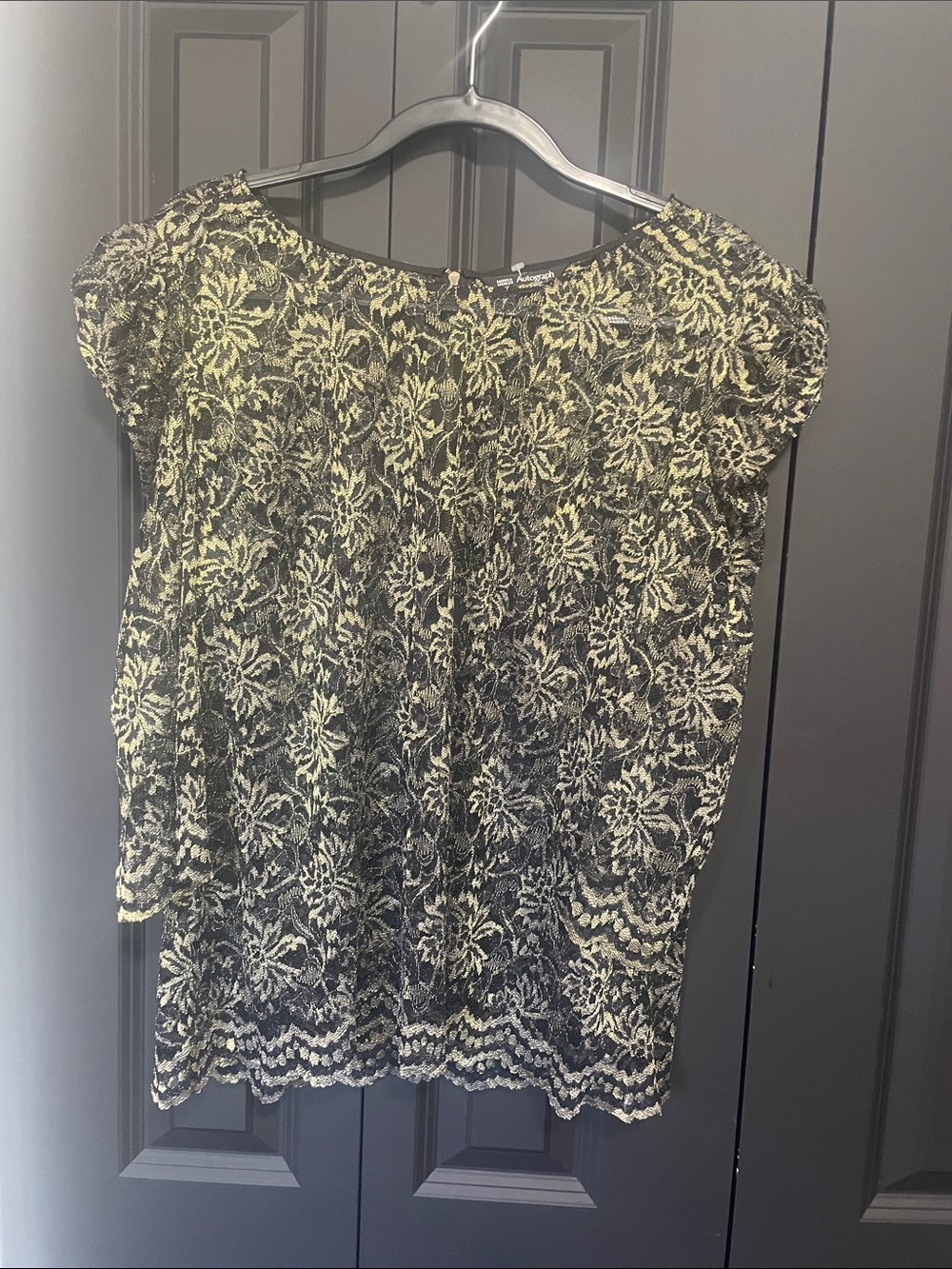 Delicate Black and Gold Sheer Lace Overlay Women's Top puff sleeve